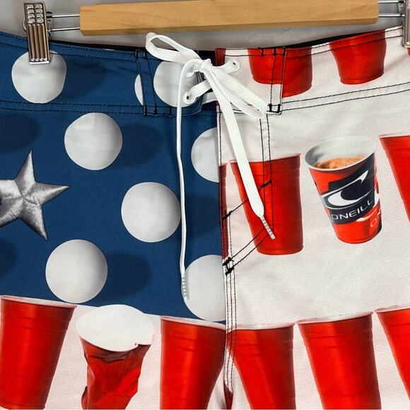 O’Neill Beer Pong Board Shorts Swim Trunks Mens 33 Red White Blue Flag Solo Cup - Picture 2 of 10